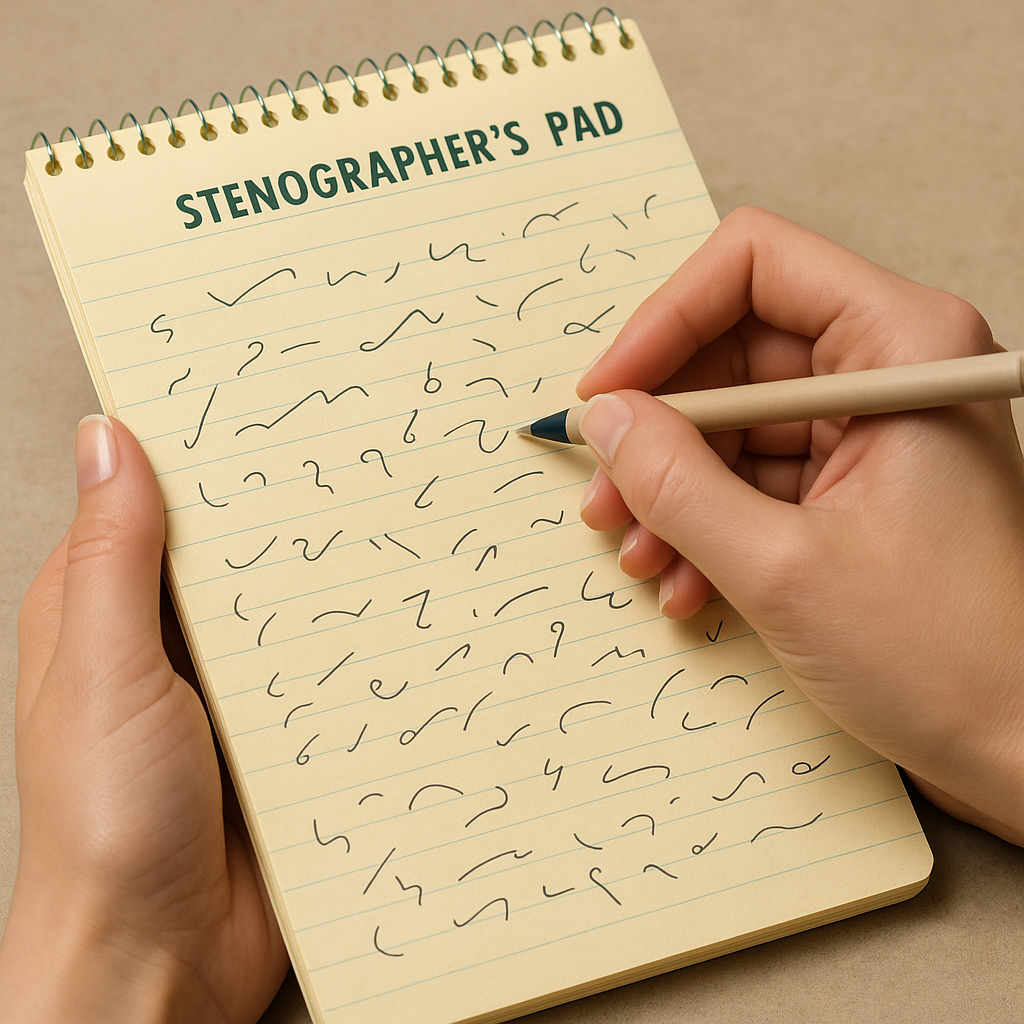 ChatGPT image of woman's hands taking shorthand on a steno pad
